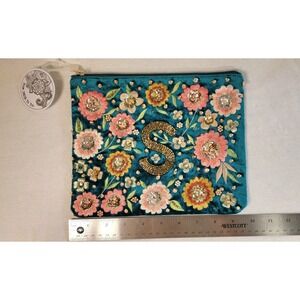 From India To You Teal Velvet Floral Embroidered Beaded Initial S Pouch Bag NEW